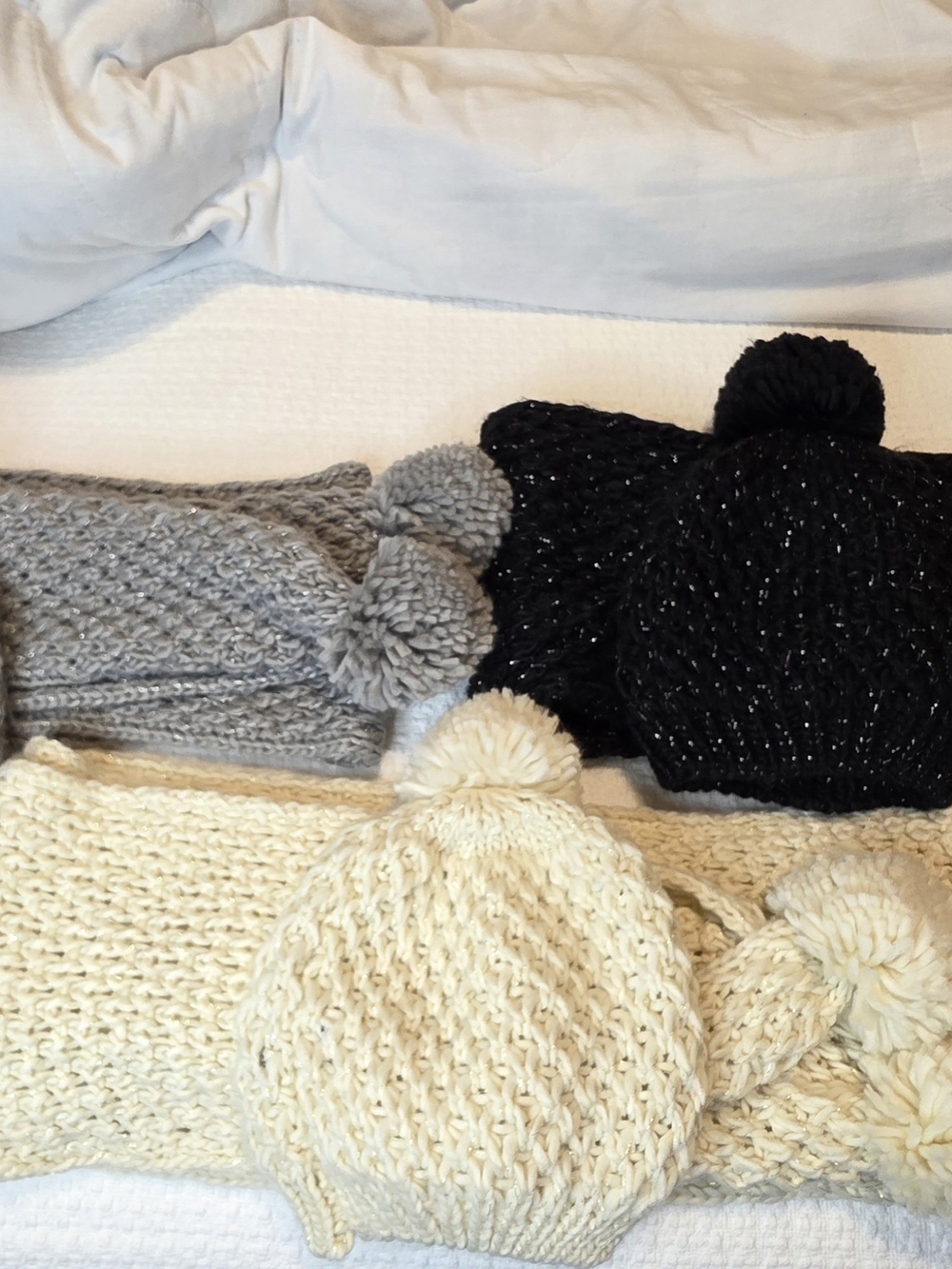 Rampage 3 Hat & Scarf Sets Black Gray Cream Pom Pom Knit Bundle
